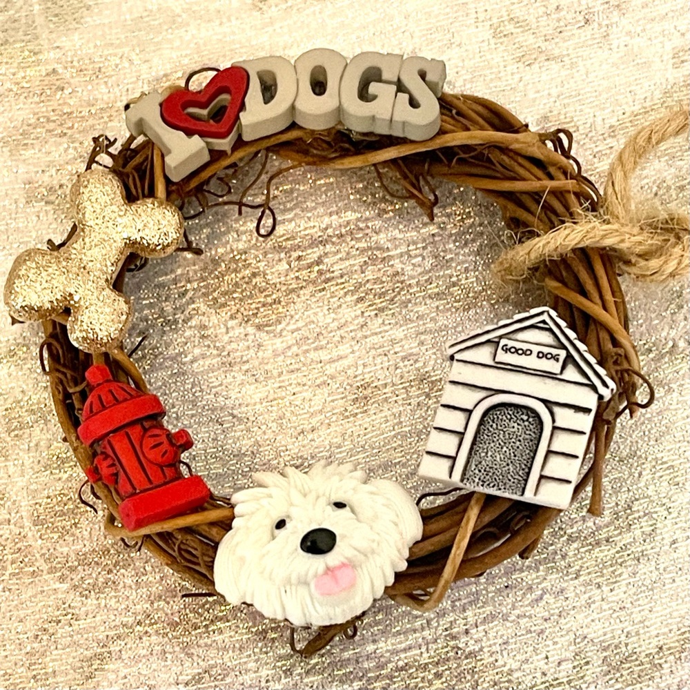 Handcrafted ornament small grapevine wreath base adorned with dog-themed.